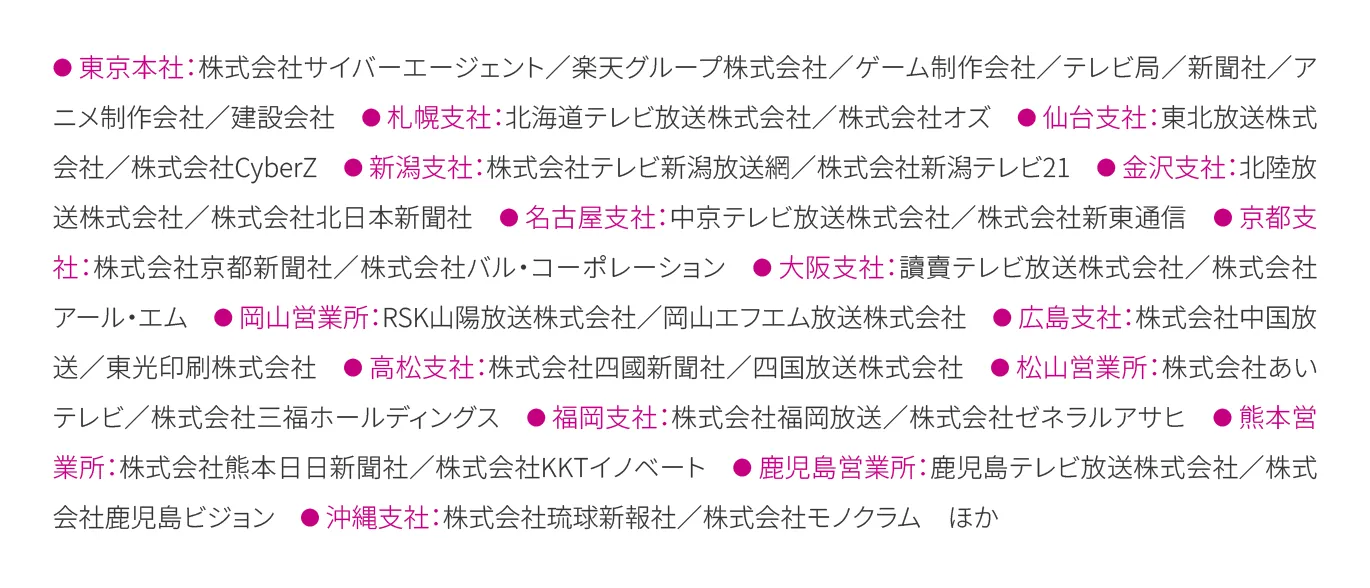 東京本社：株式会社サイバーエージェント／楽天グループ株式会社／ゲーム制作会社／テレビ局／新聞社／アニメ制作会社／建設会社 札幌支社：北海道テレビ放送株式会社／株式会社オズ 仙台支社：東北放送株式会社／株式会社CyberZ 新潟支社：株式会社テレビ新潟放送網／株式会社新潟テレビ21 金沢支社：北陸放送株式会社／株式会社北日本新聞社 名古屋支社：中京テレビ放送株式会社／株式会社新東通信 京都支社：株式会社京都新聞社／株式会社バル・コーポレーション 大阪支社：讀賣テレビ放送株式会社／株式会社アール・エム 岡山営業所：RSK山陽放送株式会社／岡山エフエム放送株式会社 広島支社：株式会社中国放送／東光印刷株式会社 高松支社：株式会社四國新聞社／四国放送株式会社 松山営業所：株式会社あいテレビ／株式会社三福ホールディングス 福岡支社：株式会社福岡放送／株式会社ゼネラルアサヒ 熊本営業所：株式会社熊本日日新聞社／株式会社KKTイノベート 鹿児島営業所：鹿児島テレビ放送株式会社／株式会社鹿児島ビジョン 沖縄支社：株式会社琉球新報社／株式会社モノクラム　ほか